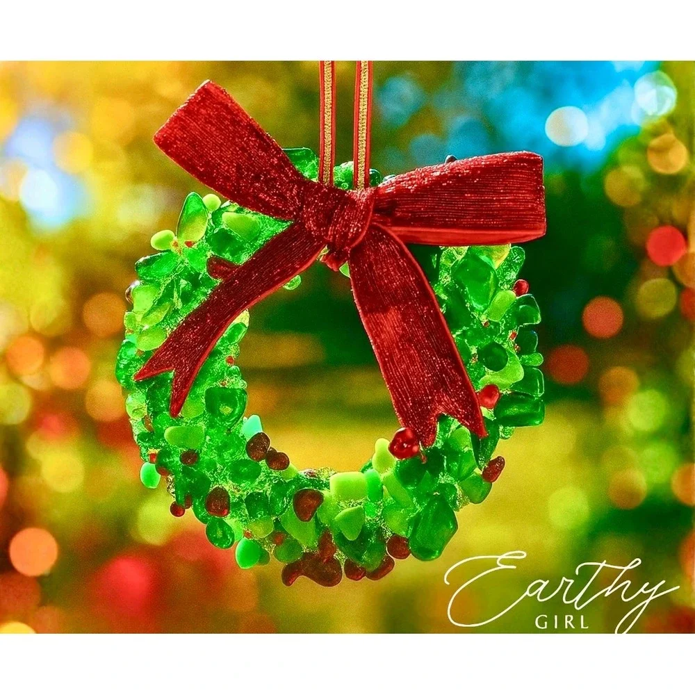 Handcrafted Green Glass Wreath Red Bow Christmas Ornament Holiday Decor‎